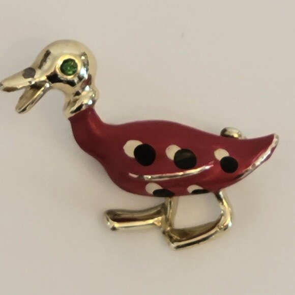 Vintage Enamel Duck Brooch Pin With Polka Dots & Green Gem Eyes - Picture 2 of 4